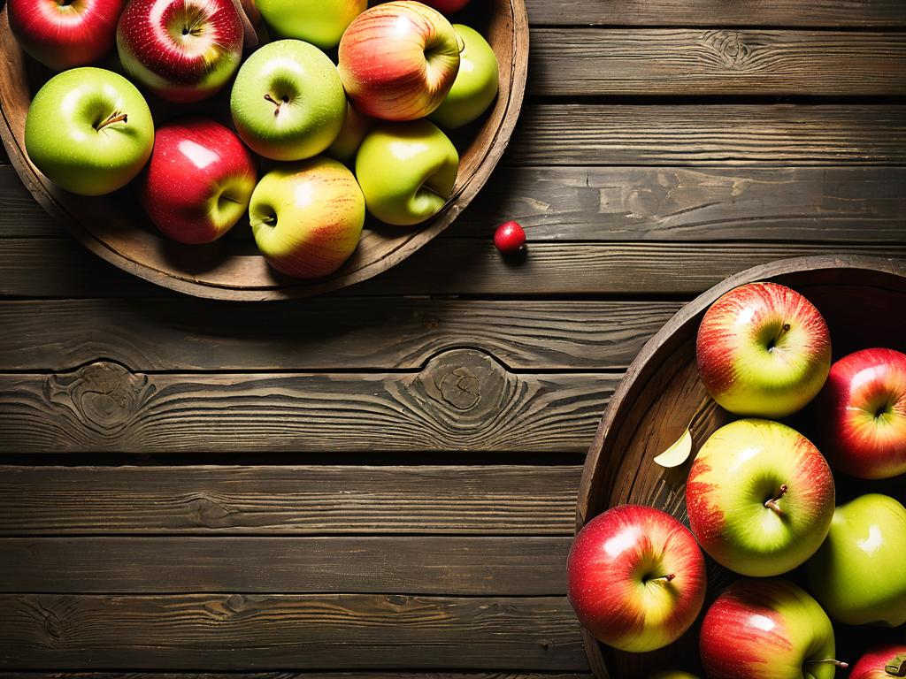 Разнообразие свежих яблок на старом деревянном столе с местом для текста