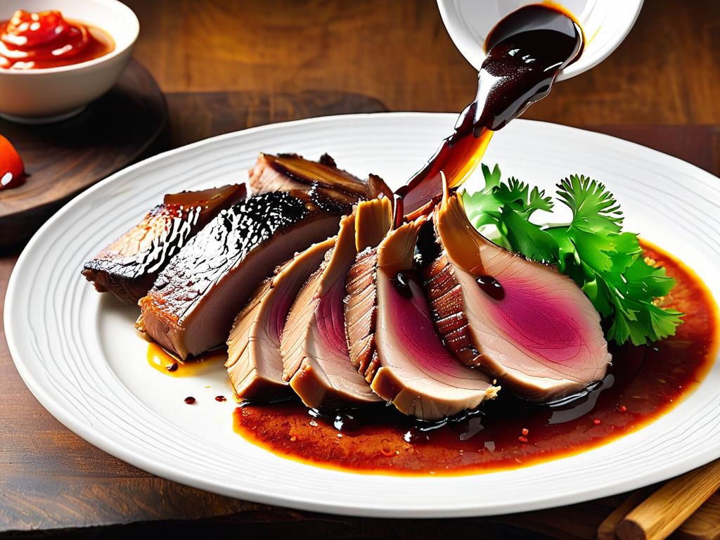 Кусочки приготовленного мяса и хрустящей кожи утки на тарелке с соусом и гарниром