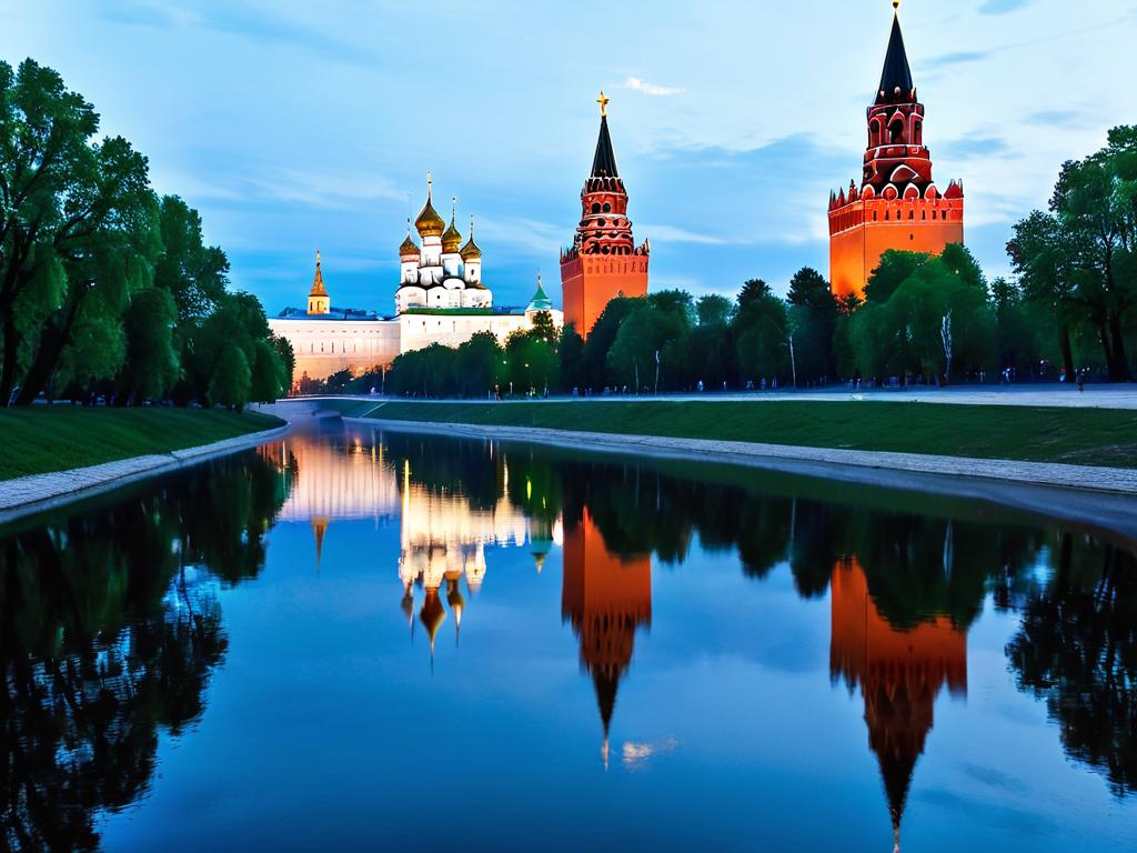 Башни Александровского кремля отражаются в реке