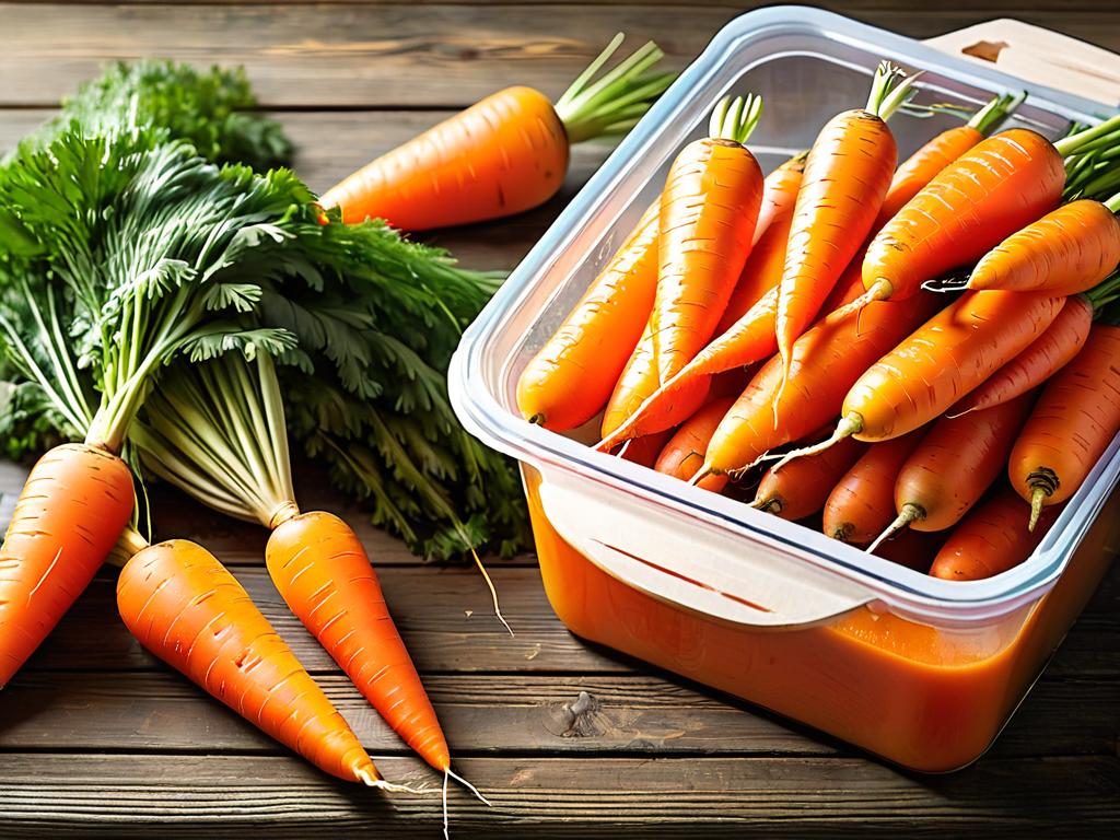 Свежая и замороженная морковь для сока в емкостях на деревянном столе