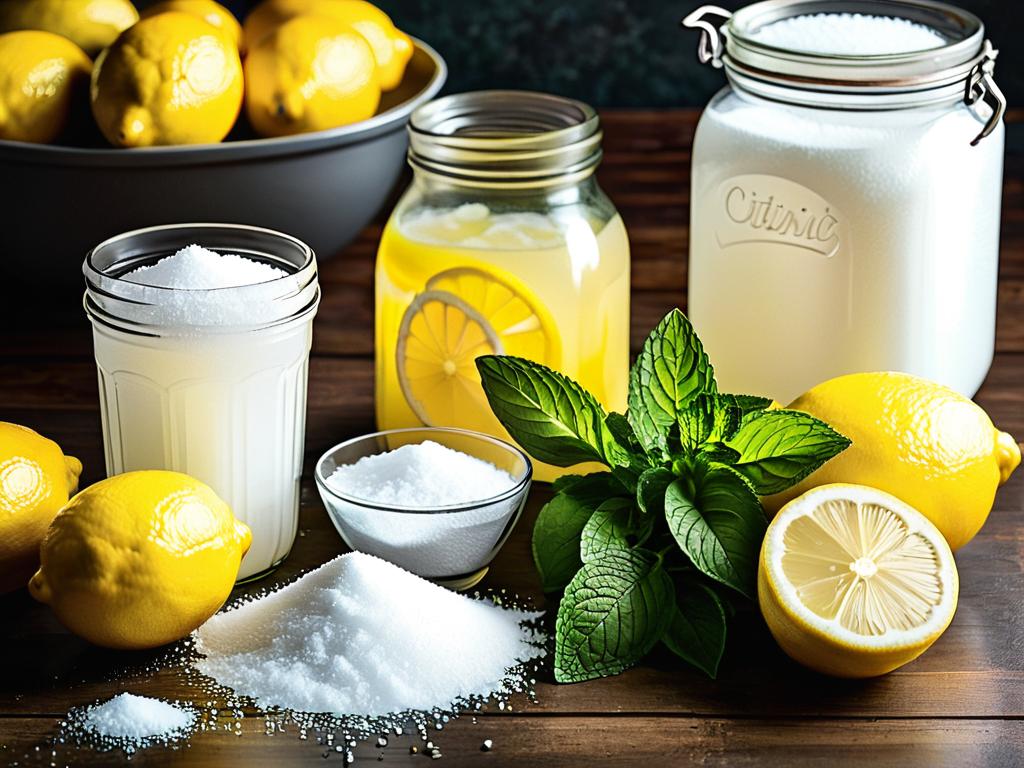 Ингредиенты для приготовления домашнего лимонада из лимонной кислоты: лимоны, лимонная кислота,