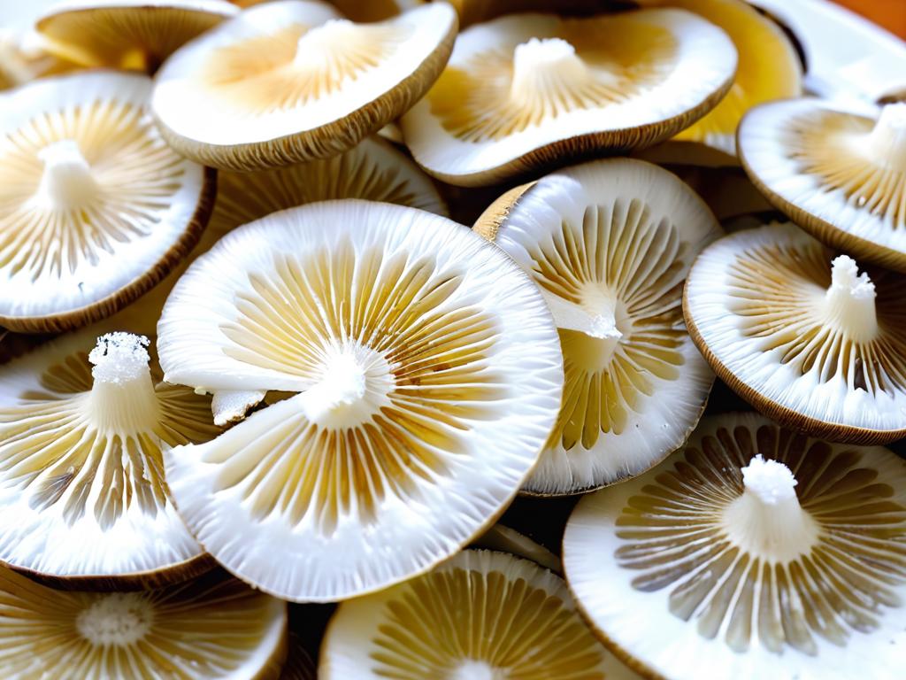Тарелка с ломтиками засоленных белых грибов. Вкусная русская закуска крупным планом.