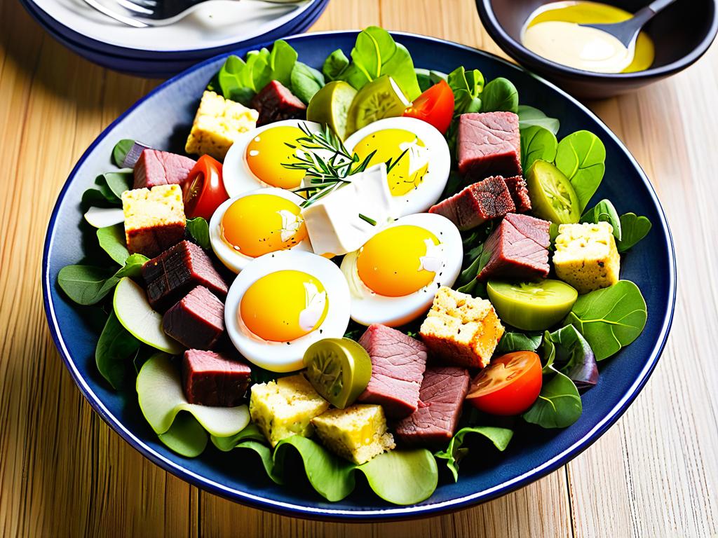 Красочный салат с кубиками мяса, яйцами, огурцами и майонезом