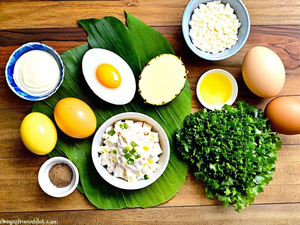 Стол с ингредиентами для салата с курицей и ананасами включая куриное филе, ананасы, яйцо, сыр,