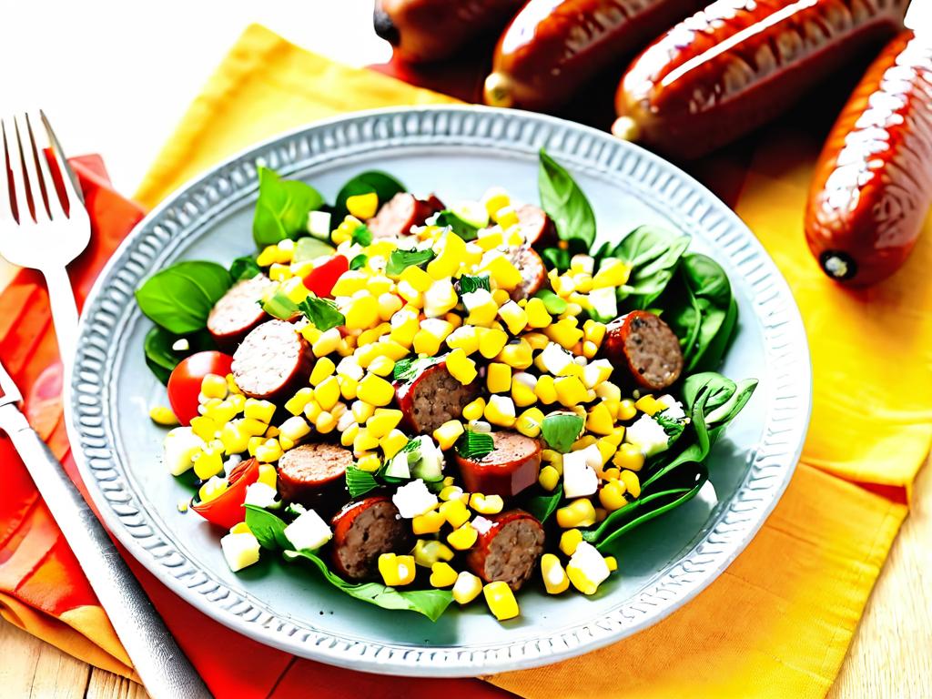 Тарелка с салатом из кукурузы и колбасы