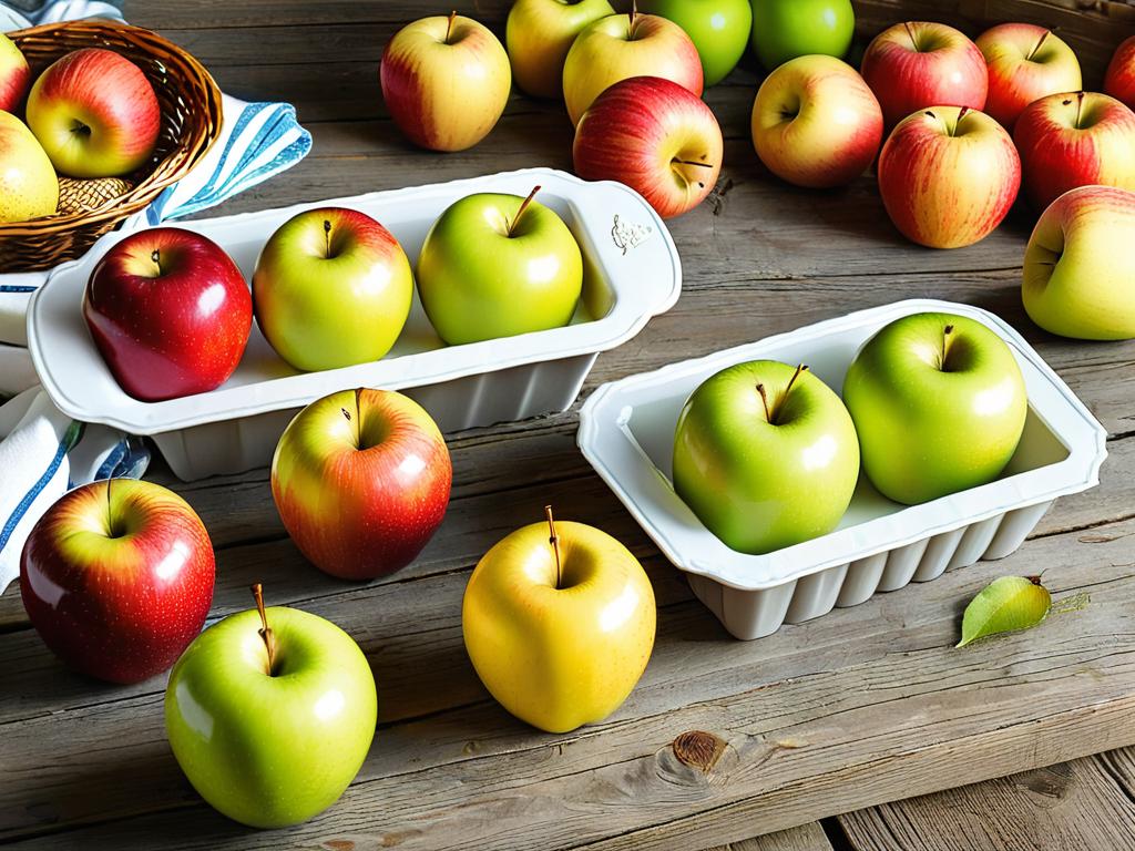 Несколько сортов яблок для шарлотки: Антоновка, Симиренко, Золотое на деревянном столе
