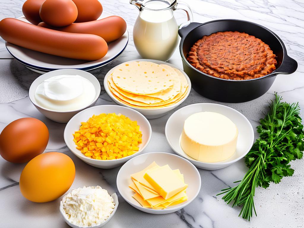 Ингредиенты для приготовления пирога из лаваша – колбаса, сыр, яйца, молоко