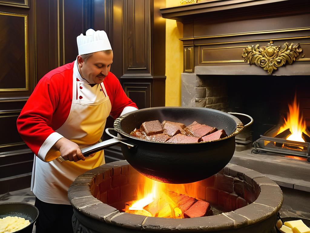 Приготовление говядины в масле в казане на огне по рецепту кремлевской кухни