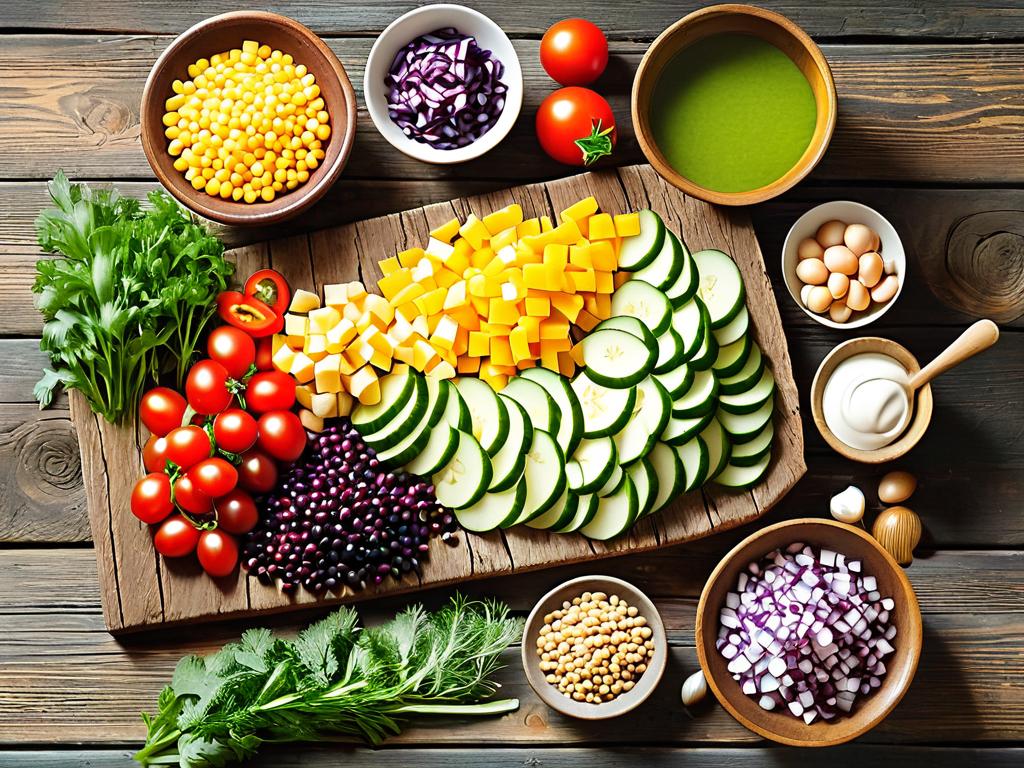 Разноцветные ингредиенты для вегетарианского русского деревенского салата, разложенные на старой