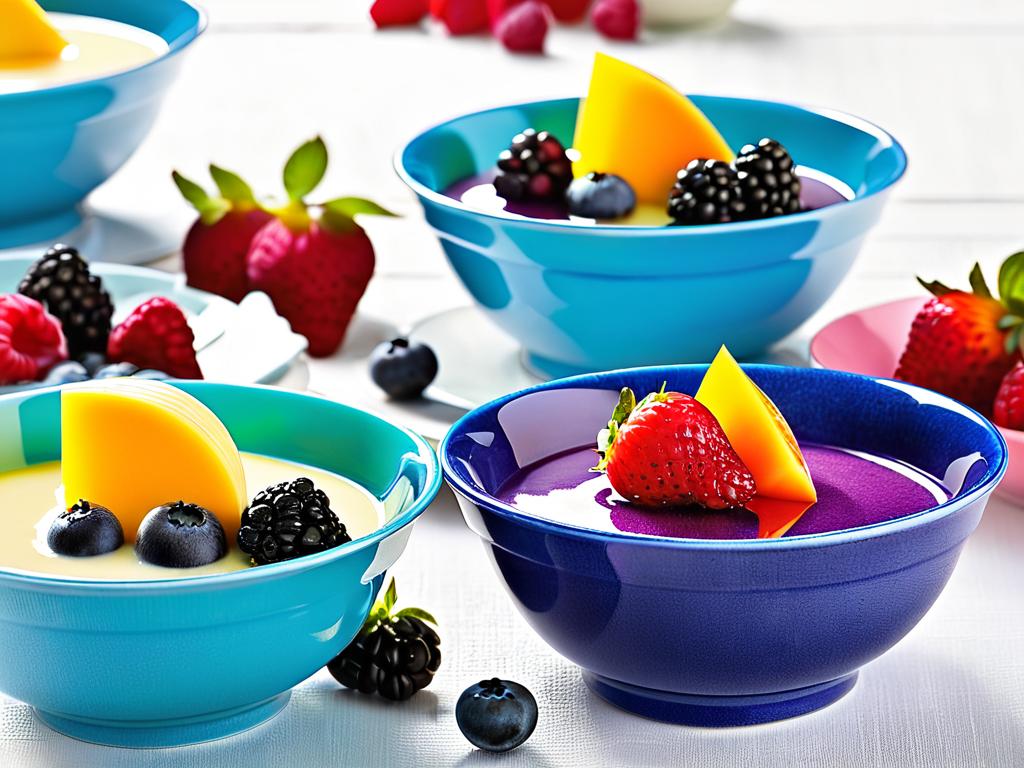 Разноцветные тарелки с бланманже, фруктами и ягодами