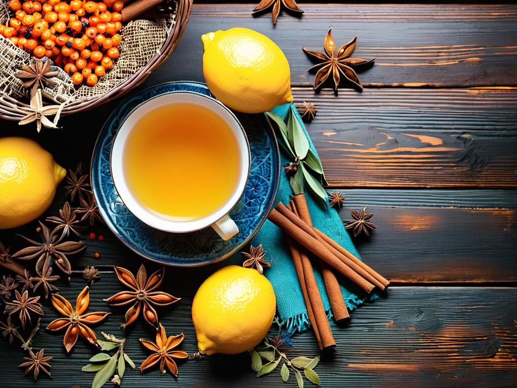 Ингредиенты для чая на деревянном столе: ягоды облепихи, корень имбиря, лимон, палочка корицы,