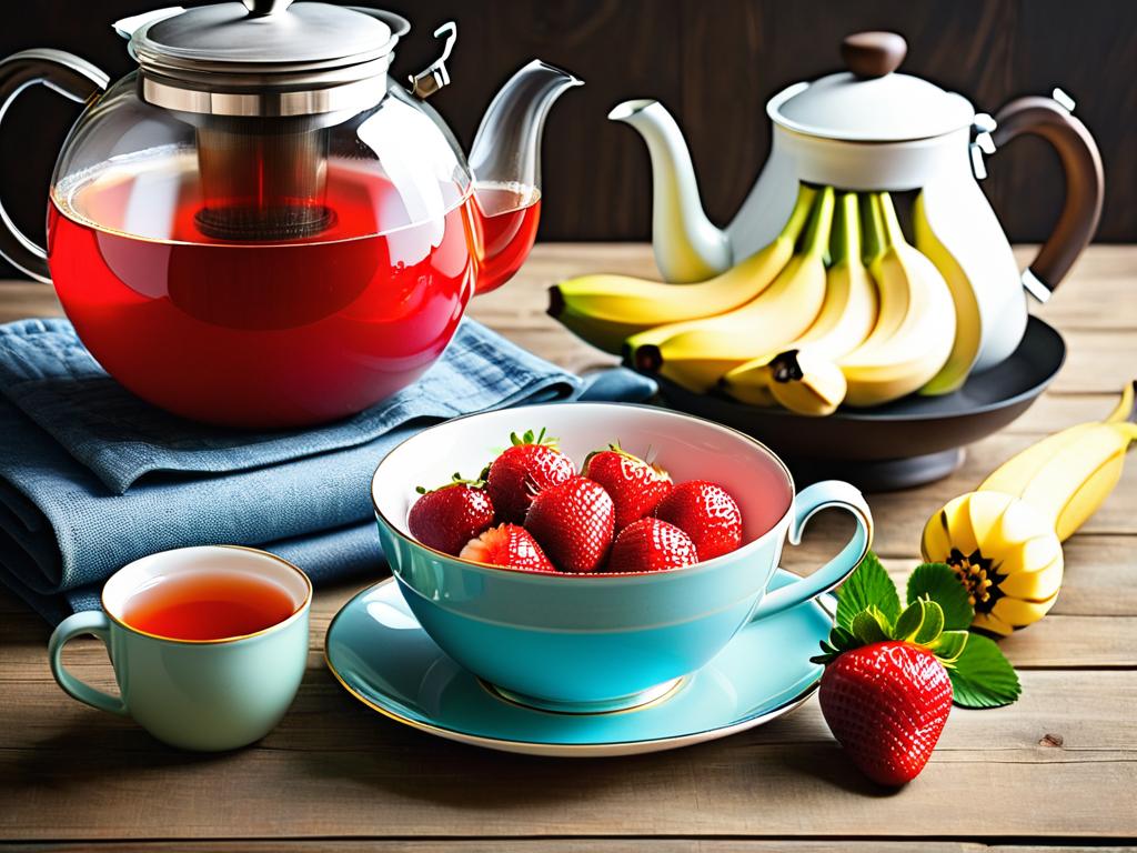 Пошаговый процесс приготовления чая с клубникой и бананом с помощью чайника и заварочного чайника.