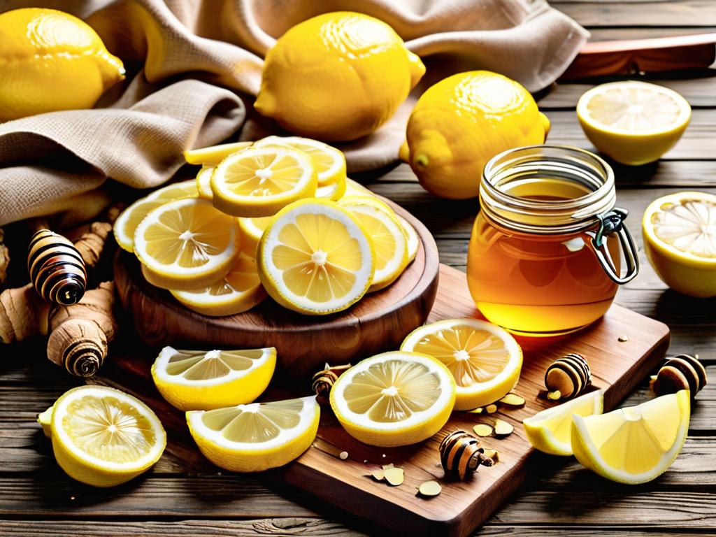 Кусочки имбиря, лимона и мед на фоне деревянной доски