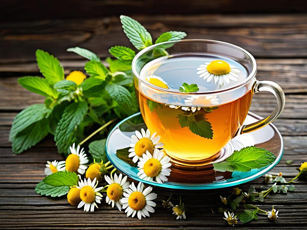 Травяной чай с ромашкой, липой и мятой в кружке на старом деревянном фоне
