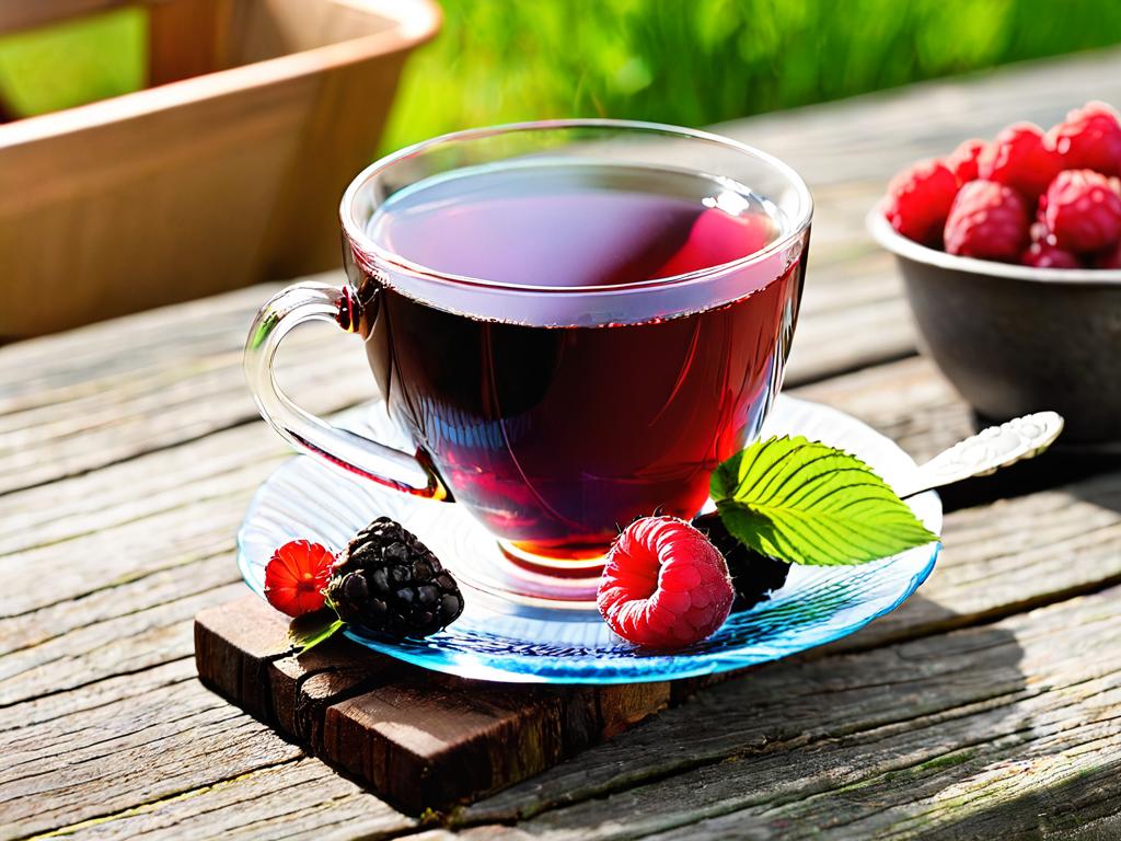 Чашка черного чая с малиной на деревянном столе на улице летом