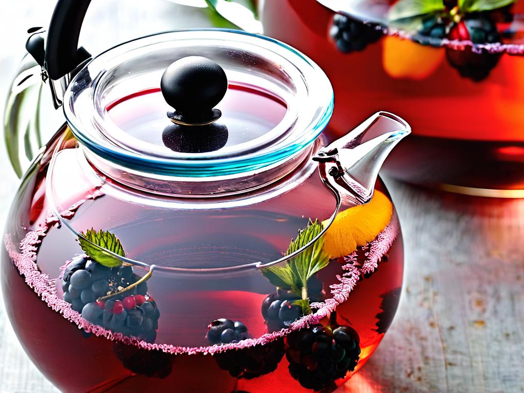 Крупный план заваривания ягодного чая в стеклянном чайнике