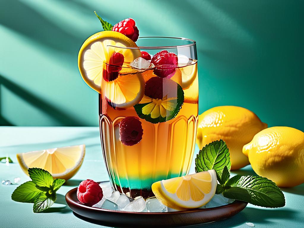 Ломтики лимона в меду в стакане со льдом чая с листьями мяты и малиной