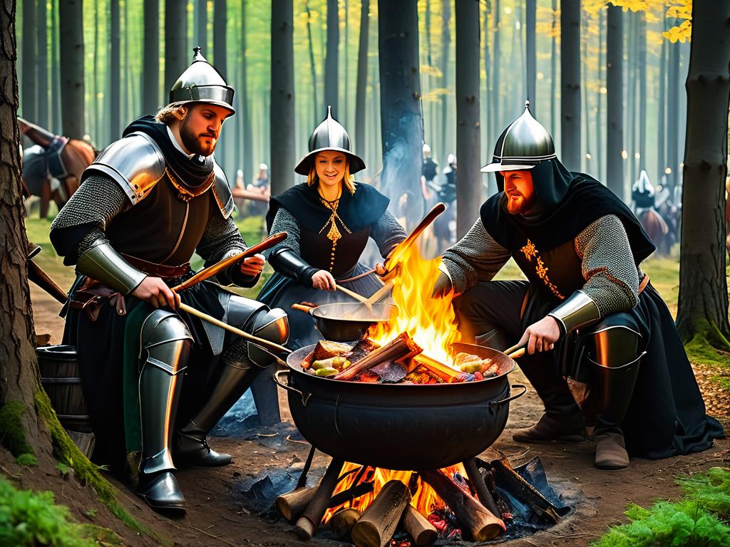 Средневековая сцена охоты с королями и слугами, готовящими бигос на костре в большом котле