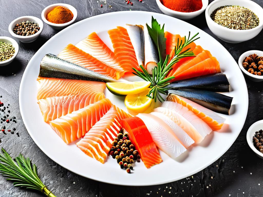 Ломтики сырой рыбы и морепродуктов, уложенные на тарелке с пряностями