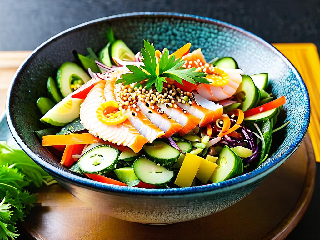 Миска с корейским салатом из сырой рыбы хе с овощами