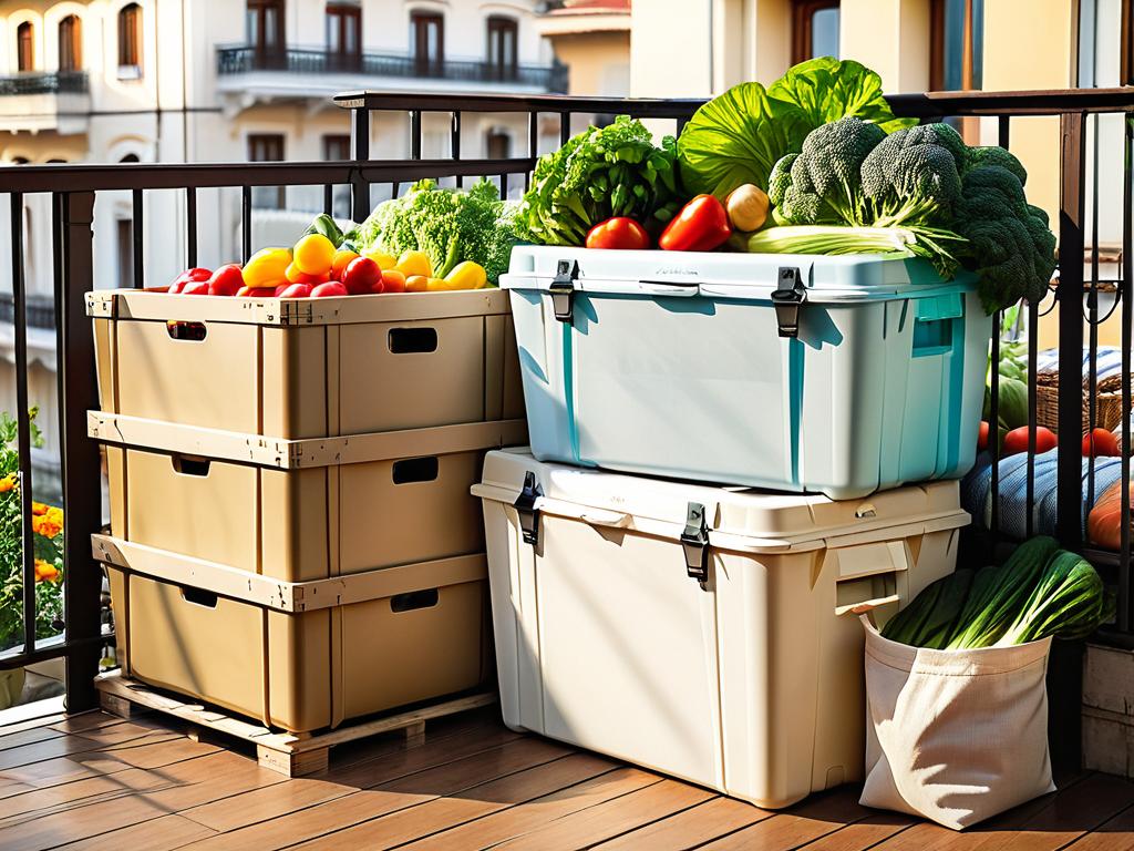 Различные варианты для хранения овощей на балконе - пластиковые контейнеры, деревянный ящик,