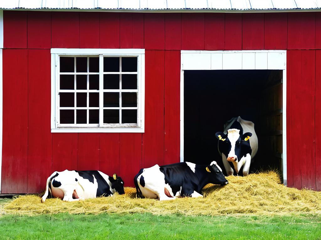 Коровы поедают сено в небольшом красном сарае