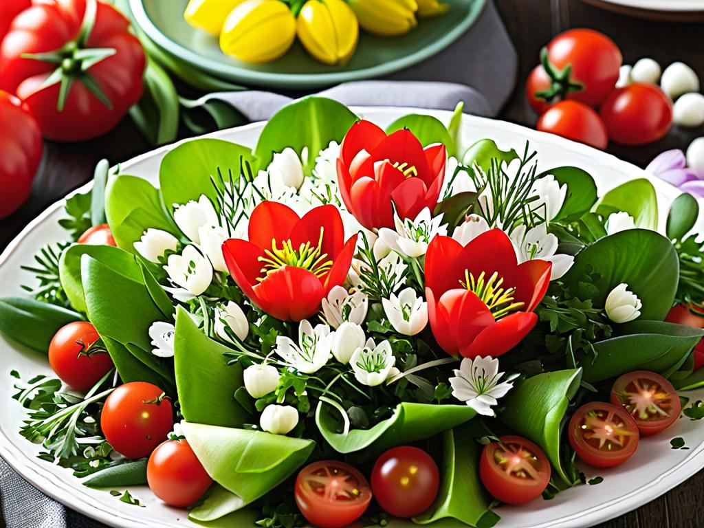 Салат в тарелке, украшенный тюльпанами из помидоров и зеленью