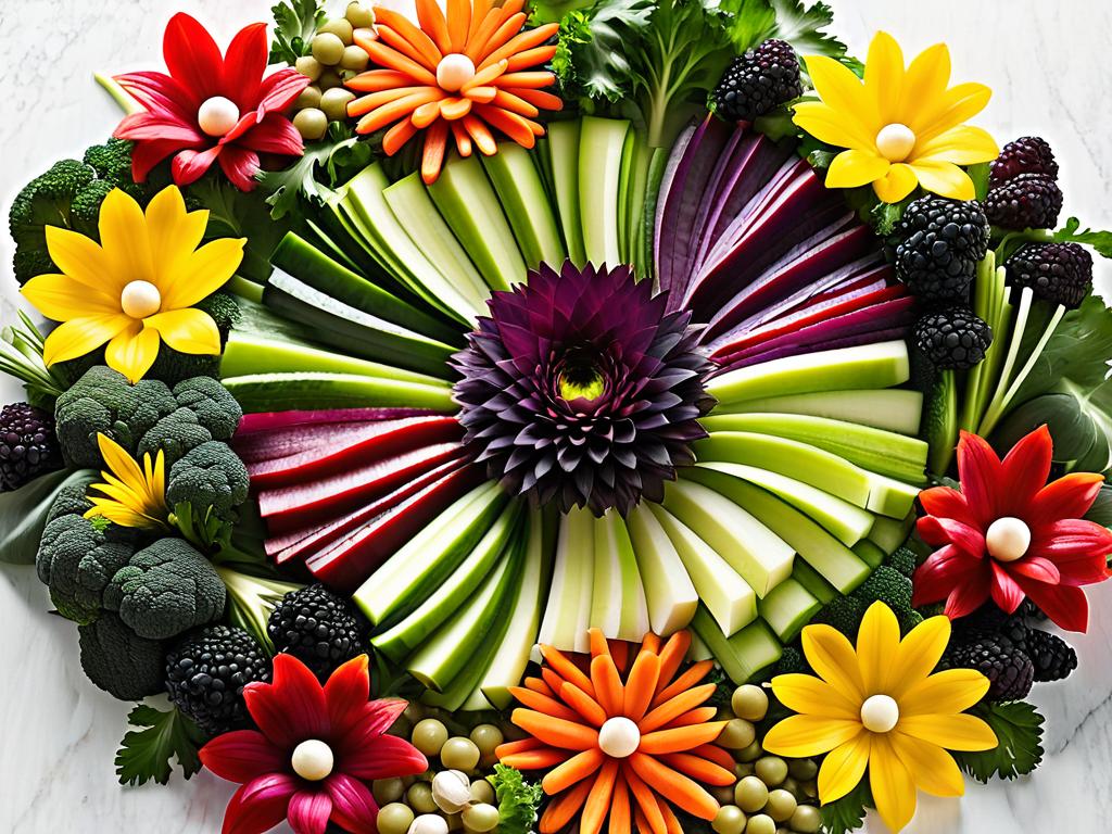 Овощная нарезка в виде разноцветных цветов