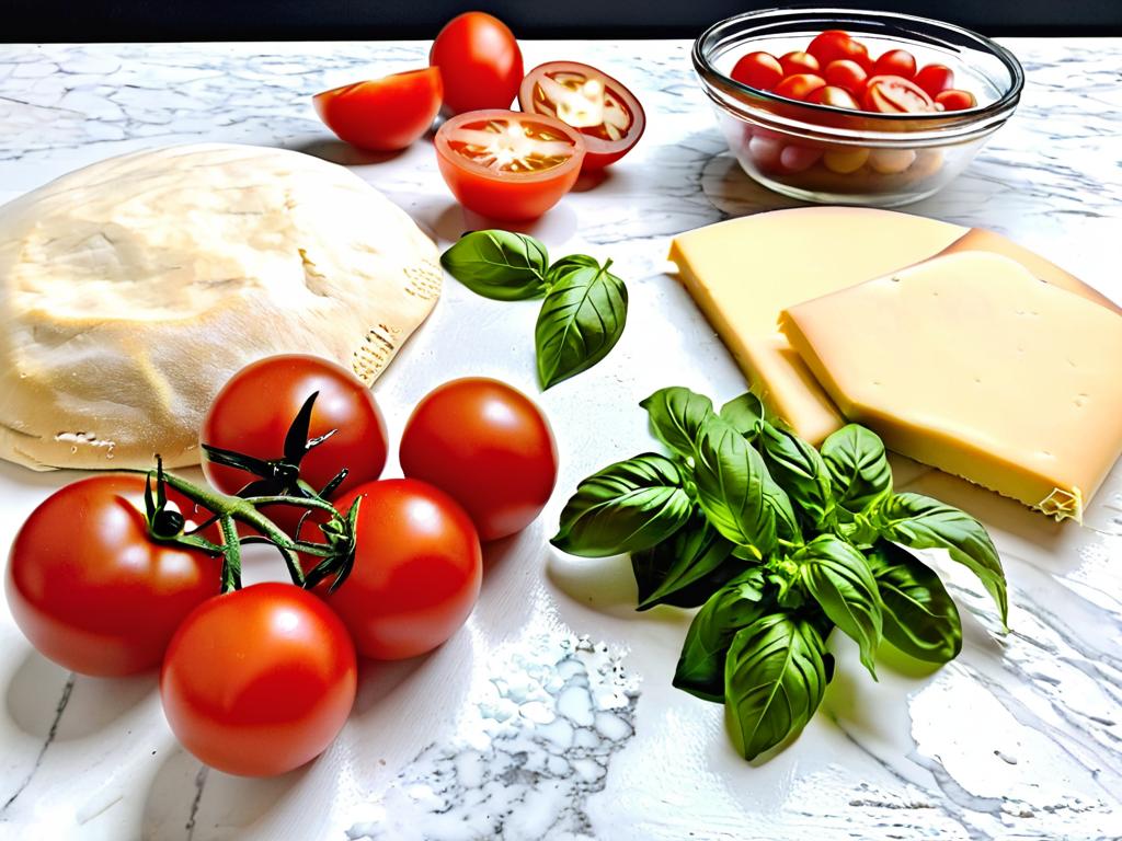 Ингредиенты для галеты с помидорами и сыром — помидоры, базилик, сыр и тесто