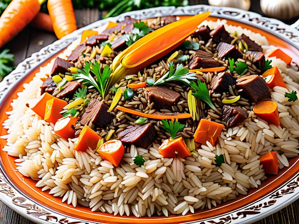 Блюдо узбекского плова в близком ракурсе с морковью, мясом и чесноком.
