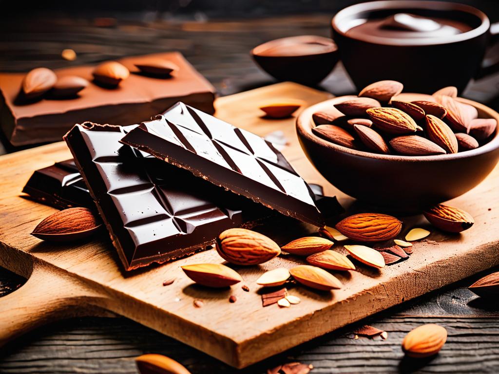 Кусочки черного шоколада на фоне деревянной разделочной доски со льняными семечками и какао бобами