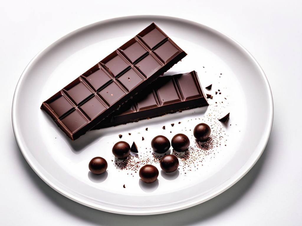 Нарезанная плитка черного шоколада на белой тарелке