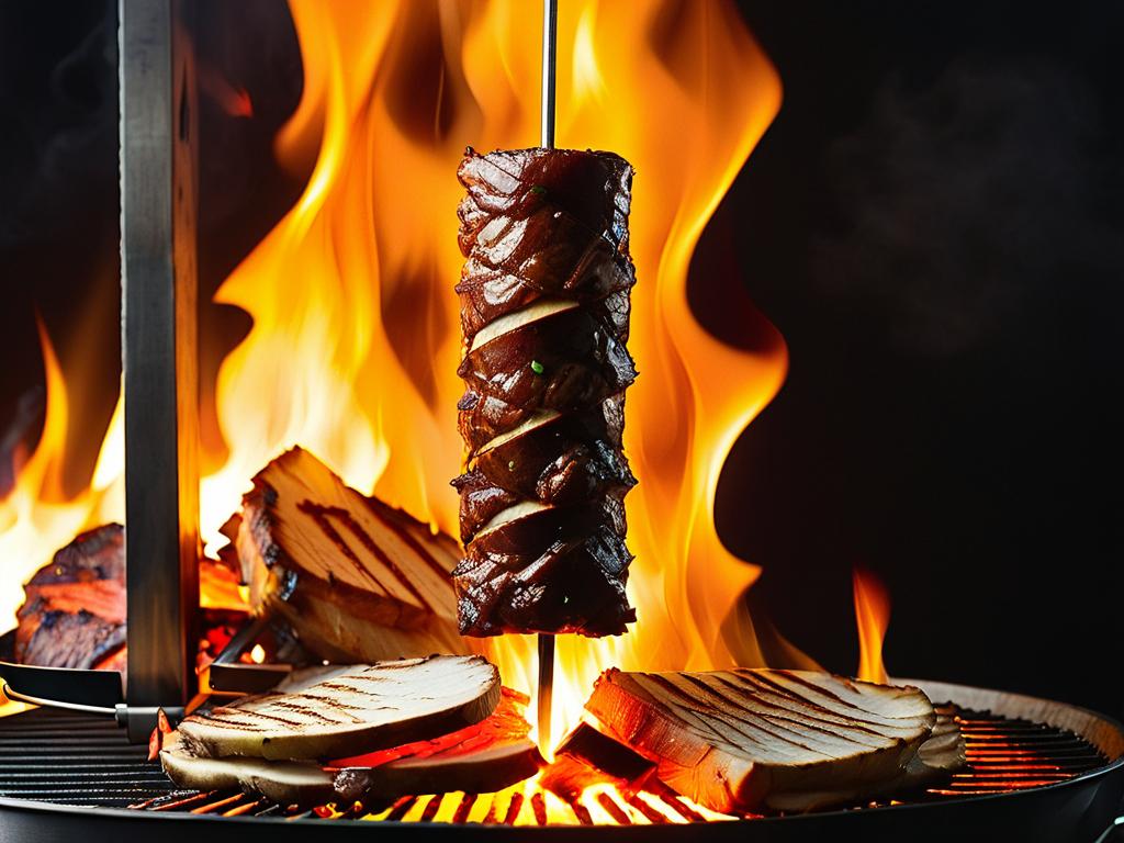 Мясо для люля-кебаба, жарящееся на вертикальном вращающемся шампуре над открытым огнем