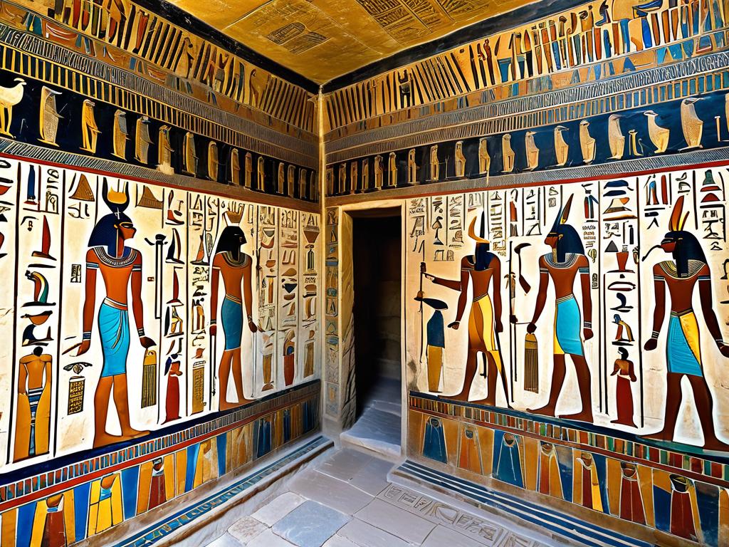 Интерьер древнеегипетской гробницы с саркофагом и настенной росписью с изображением фараона и