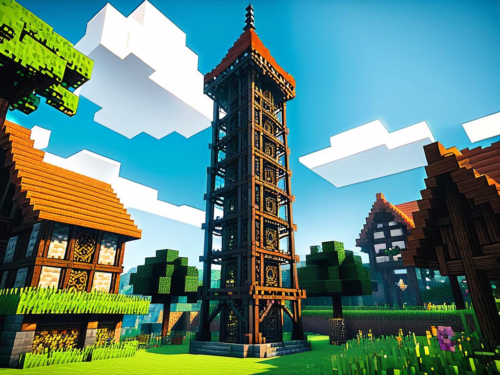 Железная башня из железных блоков как декорация в деревне Майнкрафт
