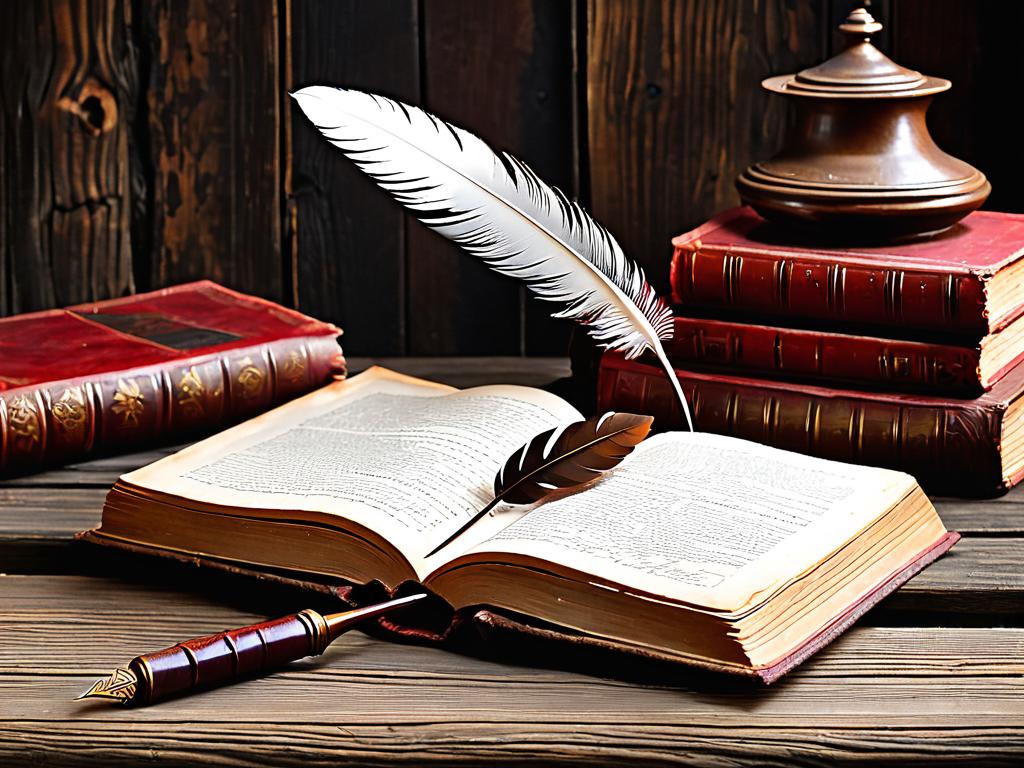 Старинная книга и перо на деревянном столе