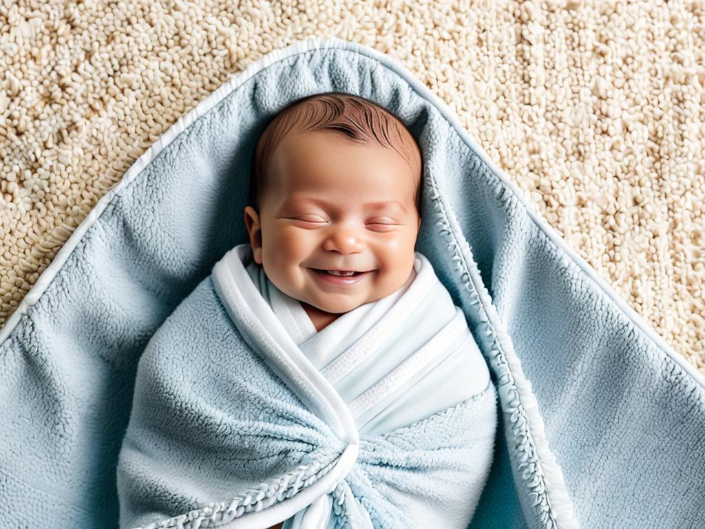 Улыбающийся новорожденный мальчик, завернутый в одеяло