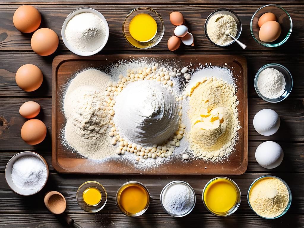 Ингредиенты для выпечки бисквита аккуратно разложены на деревянном столе. Мука, яйца, сахар,