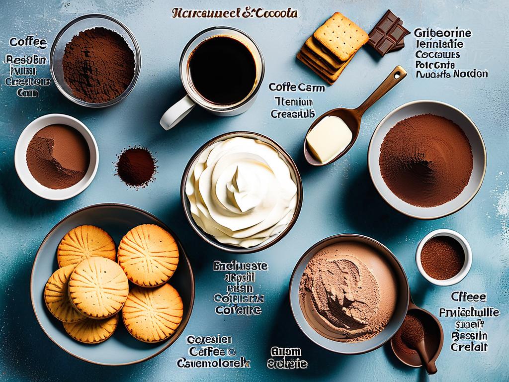 Список ингредиентов для тирамису: печенье, кофе, маскарпоне, сливки, какао