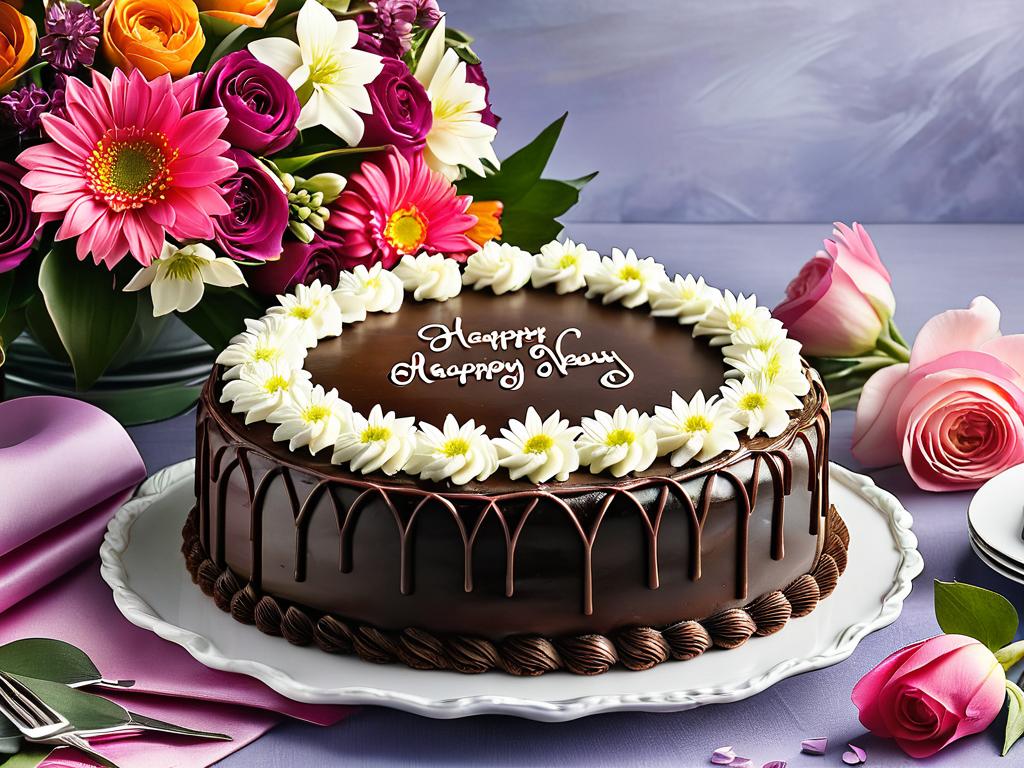 Торт с персональной надписью, выполненной из шоколадной глазури, окруженный свежими цветами и