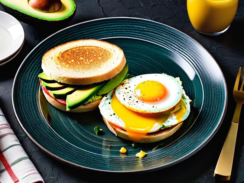 Бутерброд с яйцом и авокадо на тарелке на темном фоне