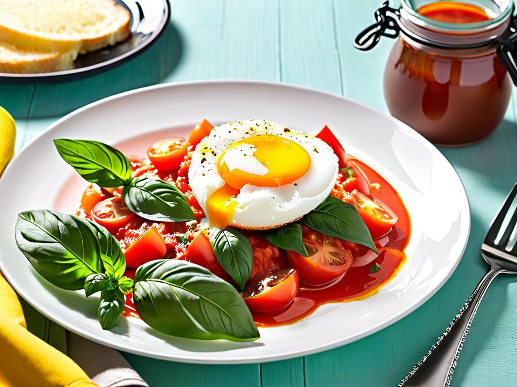 Яйцо пашот в томатном соусе с базиликом на тарелке. Легкий завтрак.