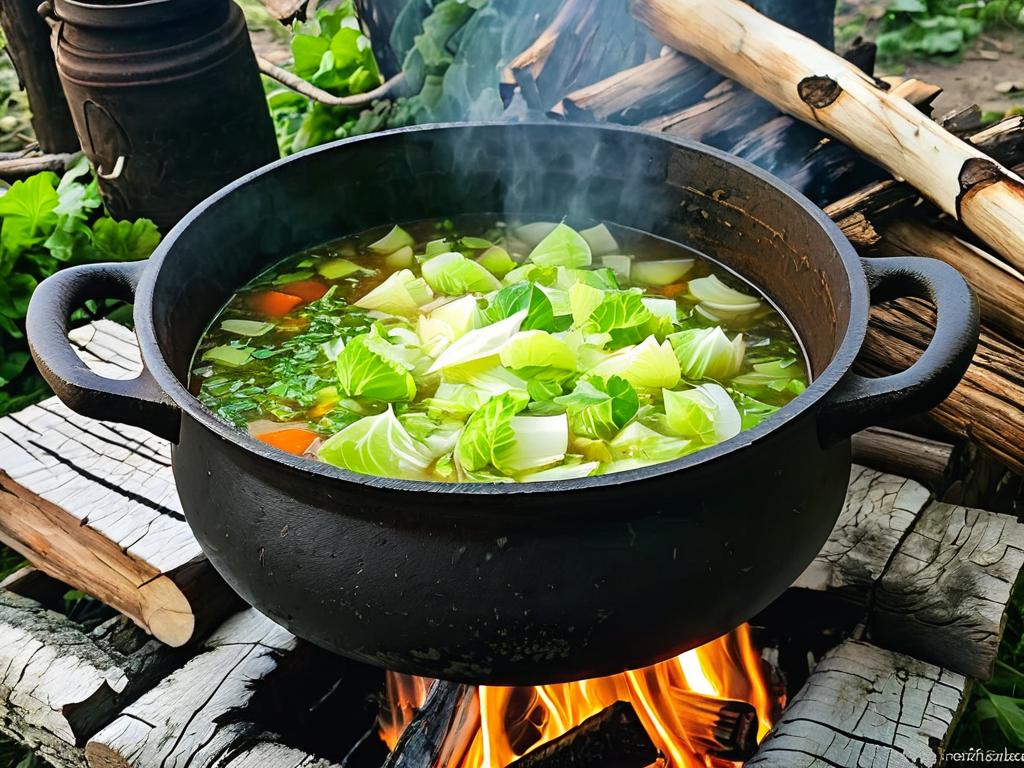 Старинный чугунок с кипящими щами на огне