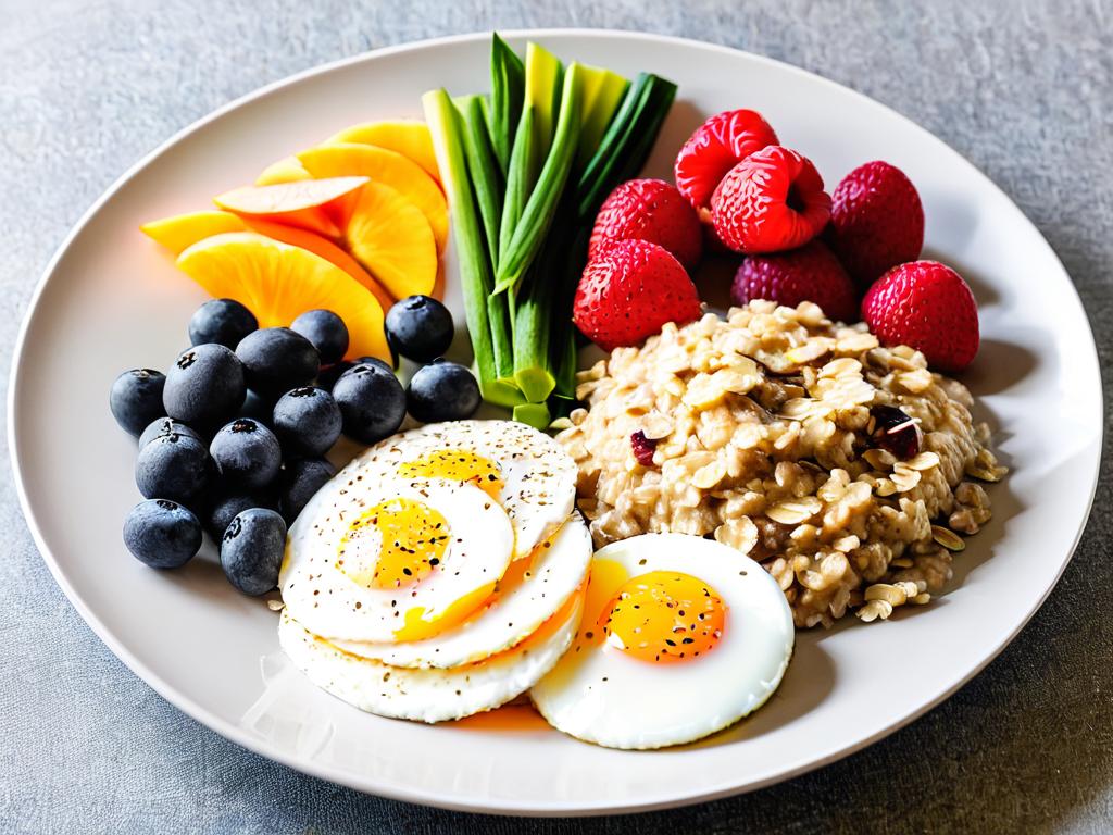 Тарелка с разнообразными здоровыми завтраками, включая овсянку, яйца, фрукты и овощи.