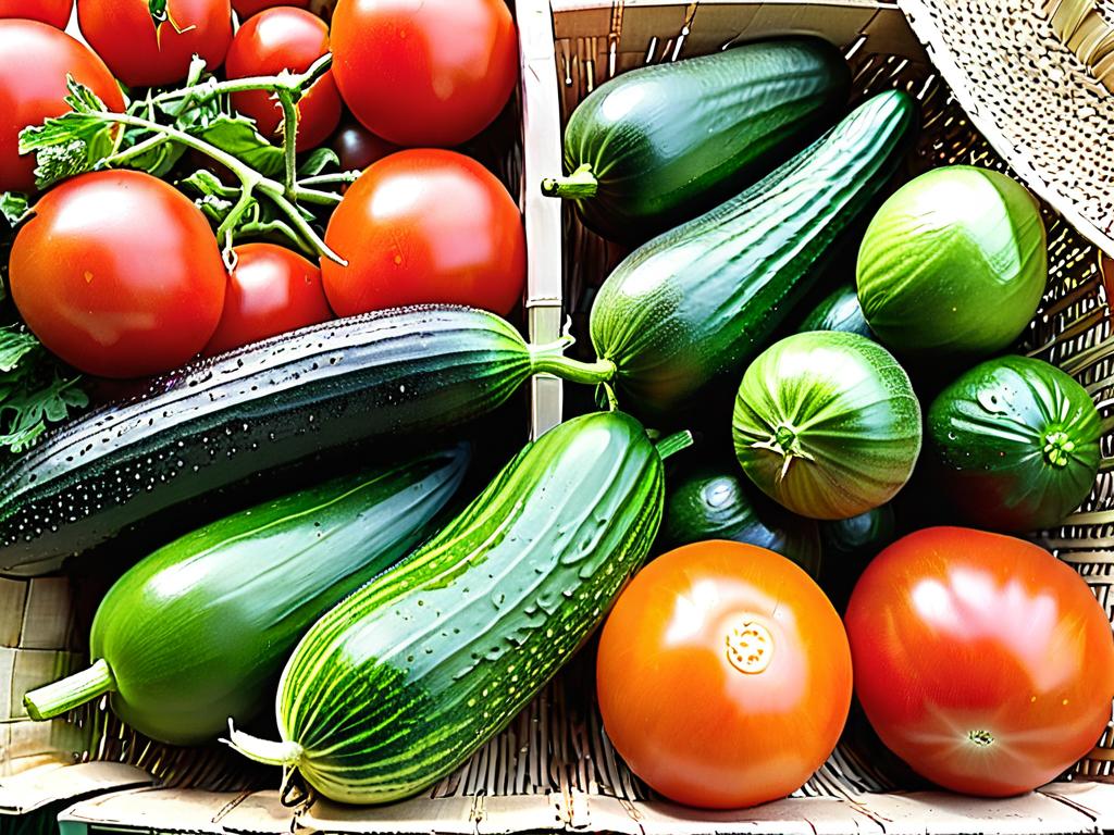Свежие органические помидоры и огурцы для салата с зеленью