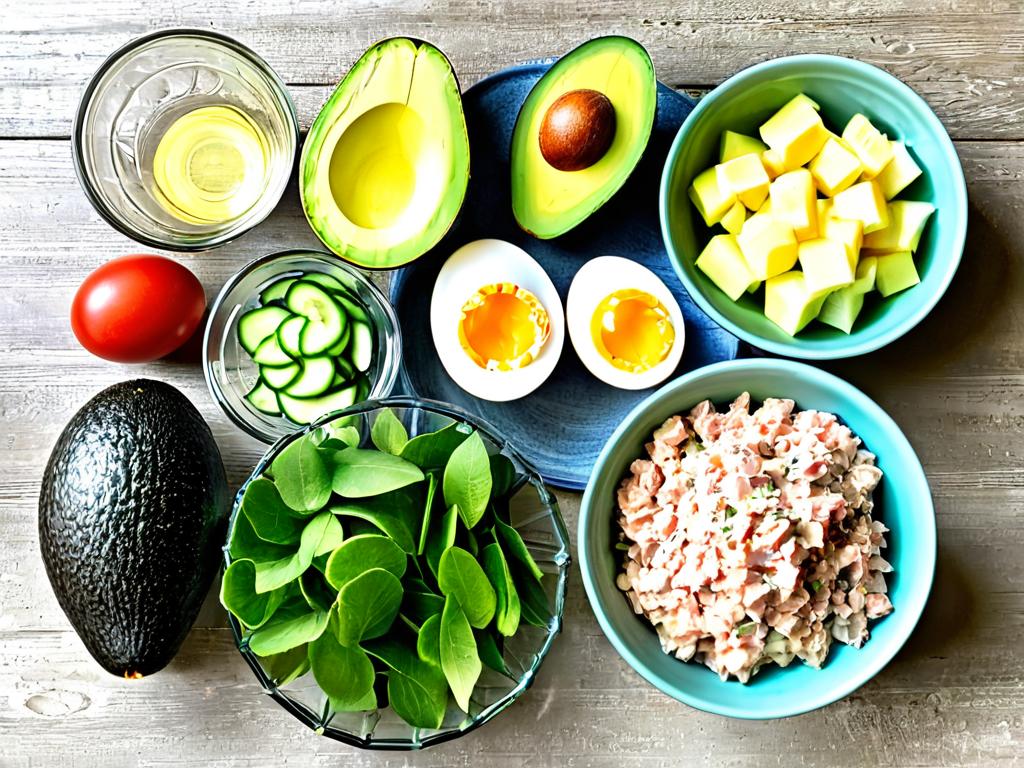 Традиционные ингредиенты для салата с тунцом, яйцами, авокадо и огурцами.