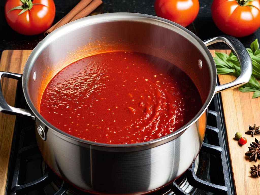 Домашняя томатная паста-пюре, кипящая в кастрюле на плите со специями