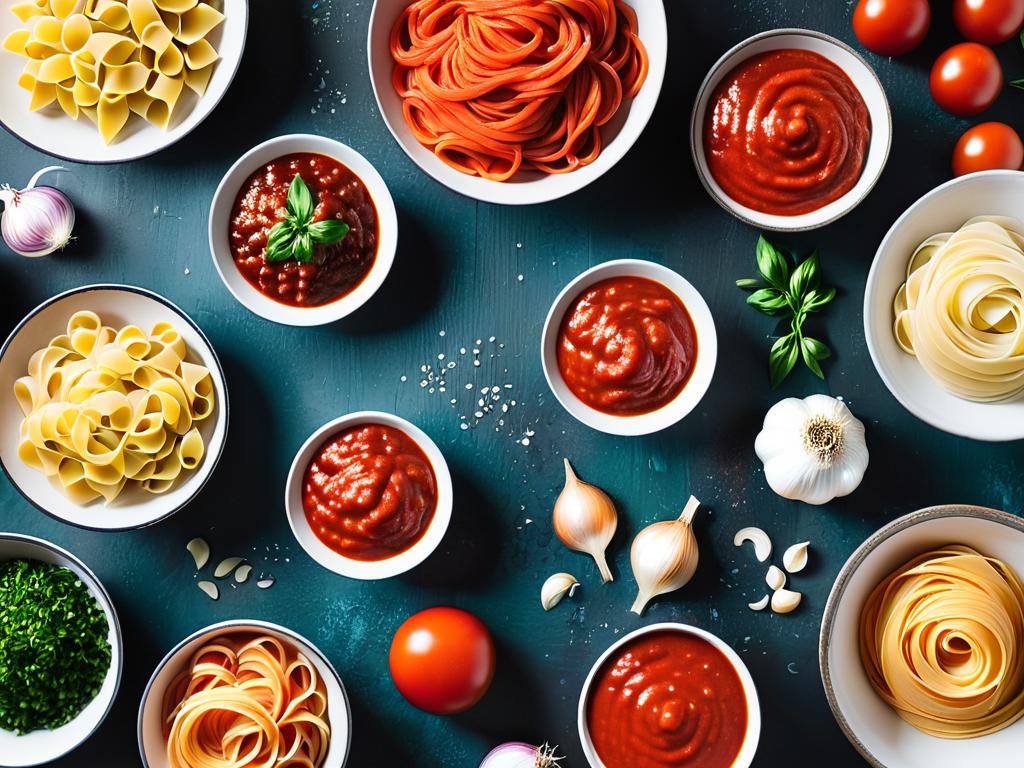 Различные томатные соусы и ингредиенты на кухонной стойке, такие как паста, чеснок, лук, морковь