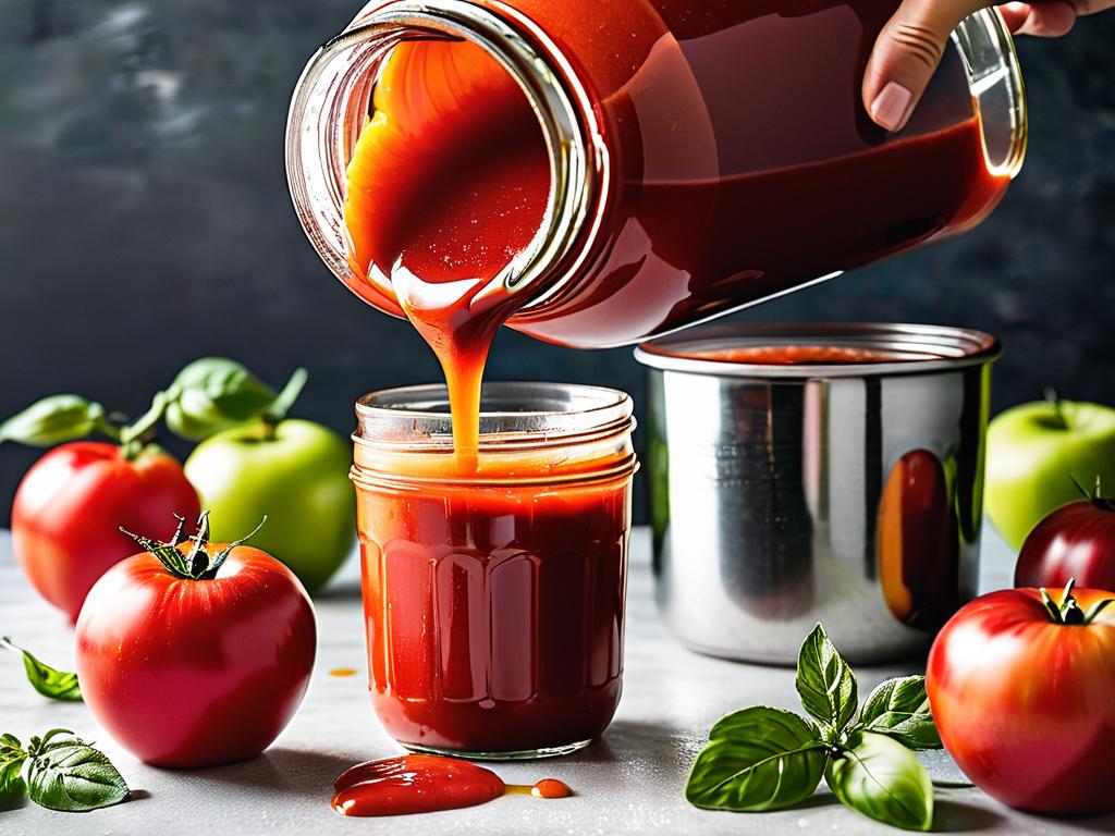 Красный однородный томатно-яблочный соус, залитый в стеклянную банку