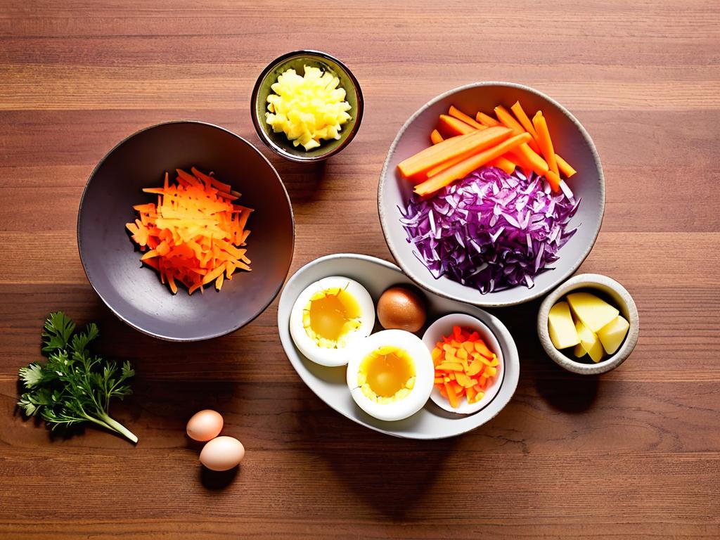Миски с нарезанным луком, морковью, картошкой и яйцами для салата Оливье